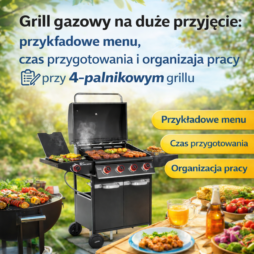 Grill gazowy na duże przyjęcie: przykładowe menu, czas przygotowania i organizacja pracy przy 4‑palnikowym grillu